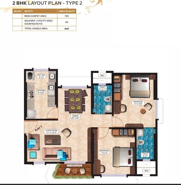 Floor plan of 2 BHK 749 Sq. Ft. Apartment in Alag Endeavour, Mumbai