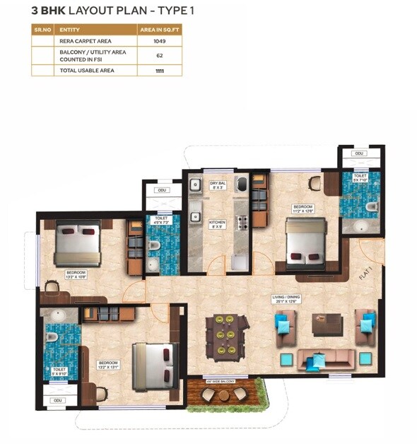 Floor plan of 3 BHK 1049 Sq. Ft. Apartment in Alag Endeavour, Mumbai
