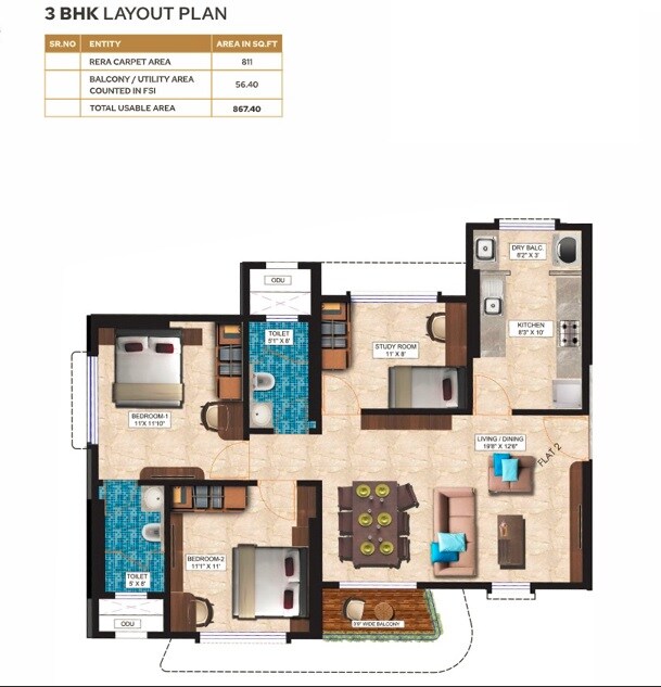 Floor plan of 3 BHK 811 Sq. Ft. Apartment in Alag Endeavour, Mumbai