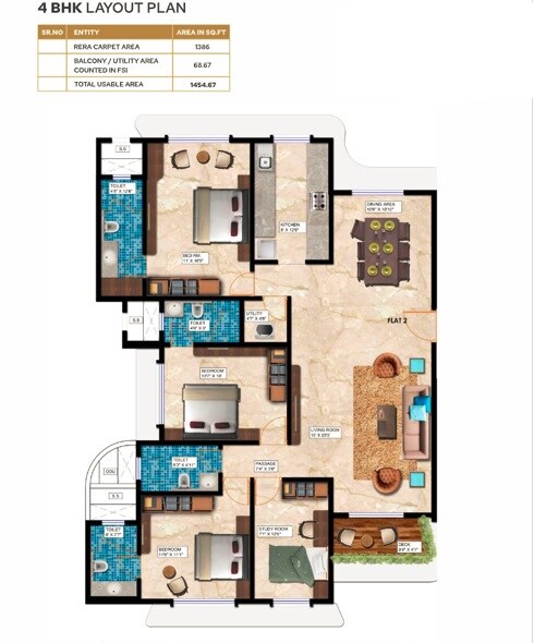 Floor plan of 4 BHK 1386 Sq. Ft. Apartment in Alag Endeavour, Mumbai