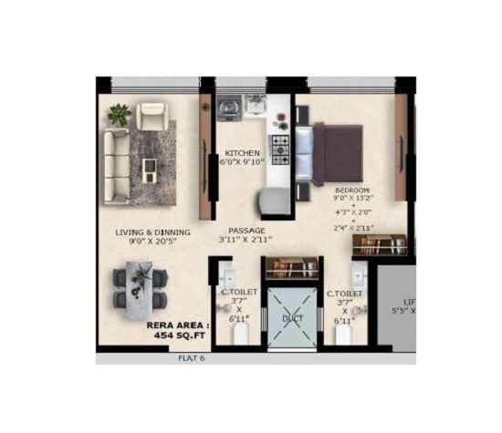 Floor plan of 1 BHK 454 Sq. Ft. Apartment in Alag Olive, Mumbai