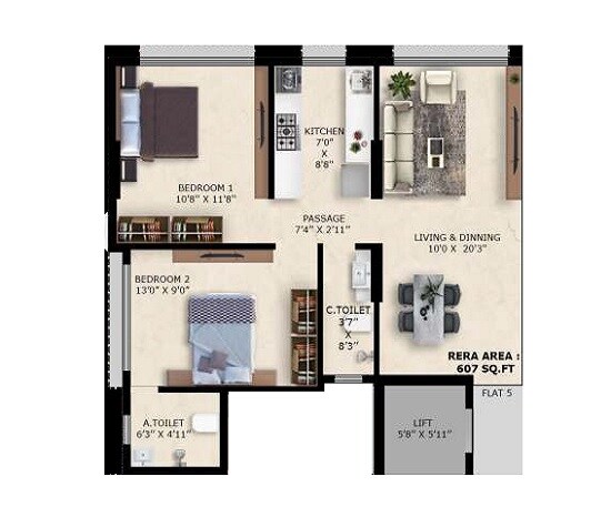2 BHK 607 Sq. Ft. Apartment