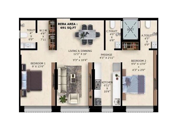 Floor plan of 2 BHK 691 Sq. Ft. Apartment in Alag Olive, Mumbai