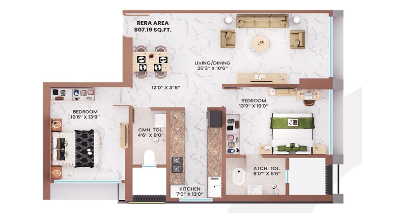 2 BHK 808 Sq. Ft. Apartment