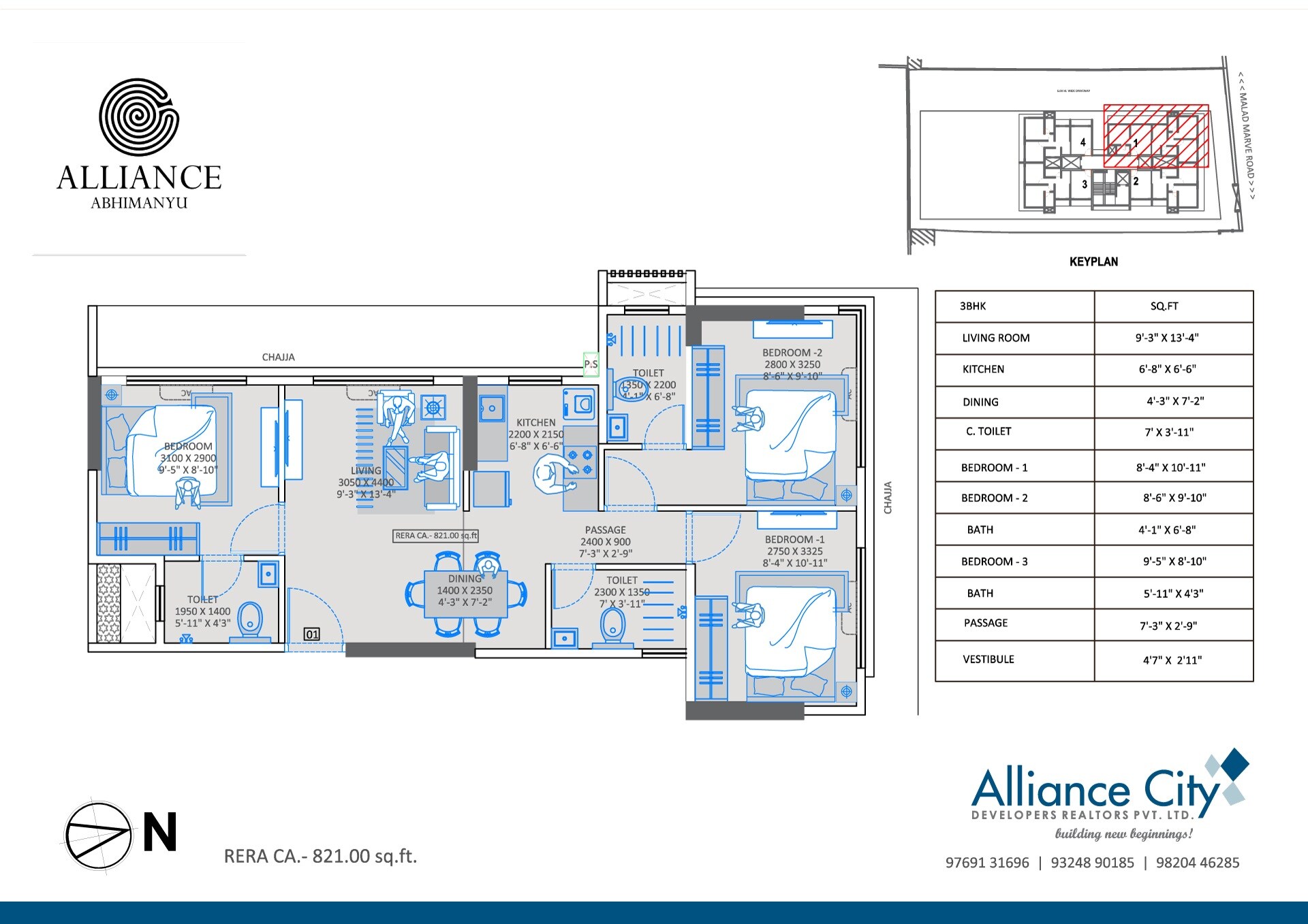 Floor plan of 3 BHK 821 Sq. Ft. Apartment in Alliance Abhimanyu, Mumbai