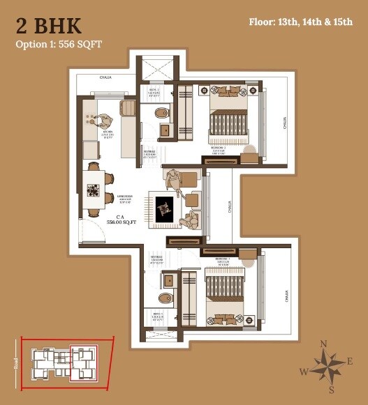 Floor plan of 2 BHK 556 Sq. Ft. Apartment in Alliance Bhaskar, Mumbai