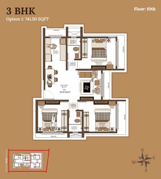 Floor plan of 3 BHK 741 Sq. Ft. Apartment in Alliance Bhaskar, Mumbai