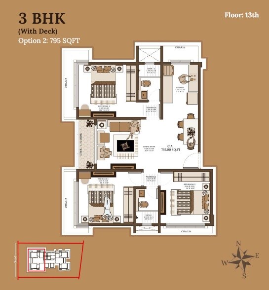 Floor plan of 3 BHK 795 Sq. Ft. Apartment in Alliance Bhaskar, Mumbai