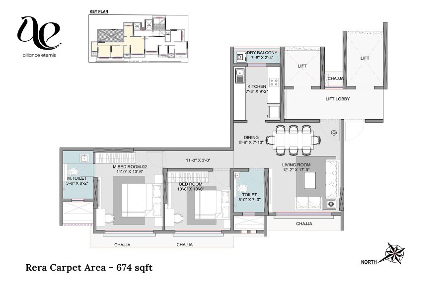 Floor plan of 2 BHK 674 Sq. Ft. Apartment in Alliance Eternis, Mumbai