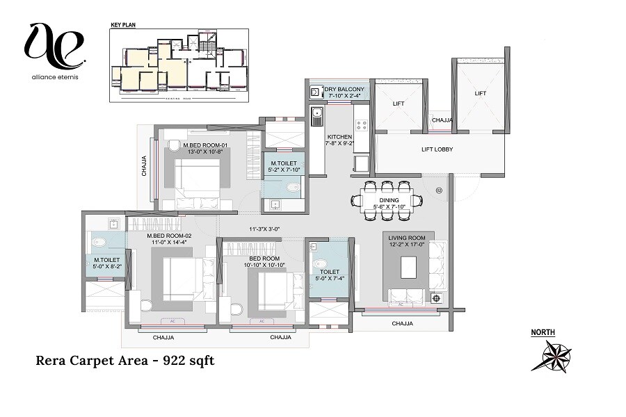 Floor plan of 3 BHK 922 Sq. Ft. Apartment in Alliance Eternis, Mumbai