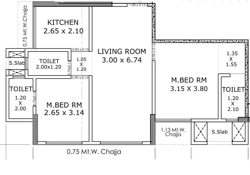 Floor plan of 2 BHK 749 Sq. Ft. Apartment in Alliance Fortuna Blue, Mumbai