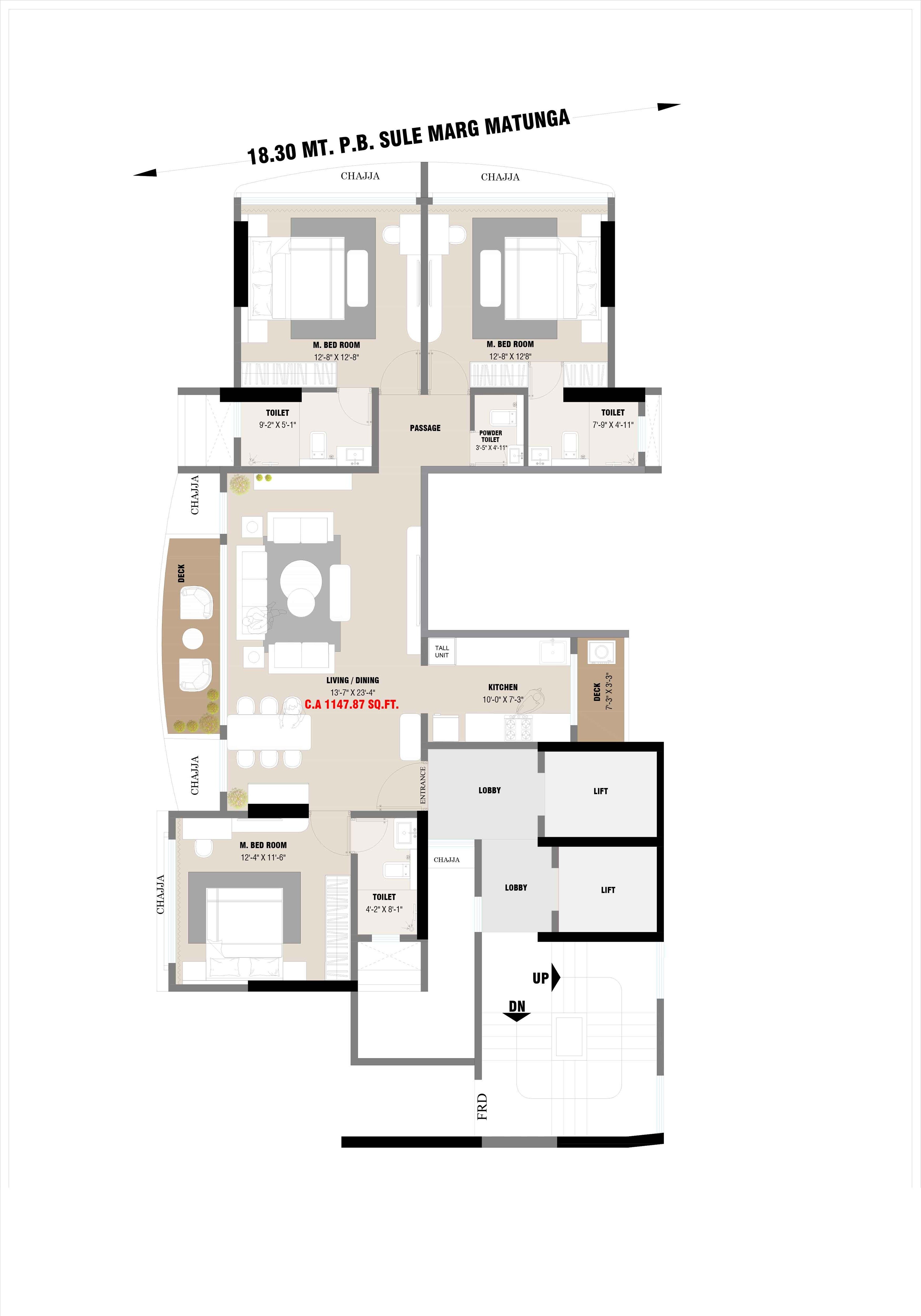 Floor plan of 3 BHK 1148 Sq. Ft. Apartment in Alliance Harmony, Mumbai