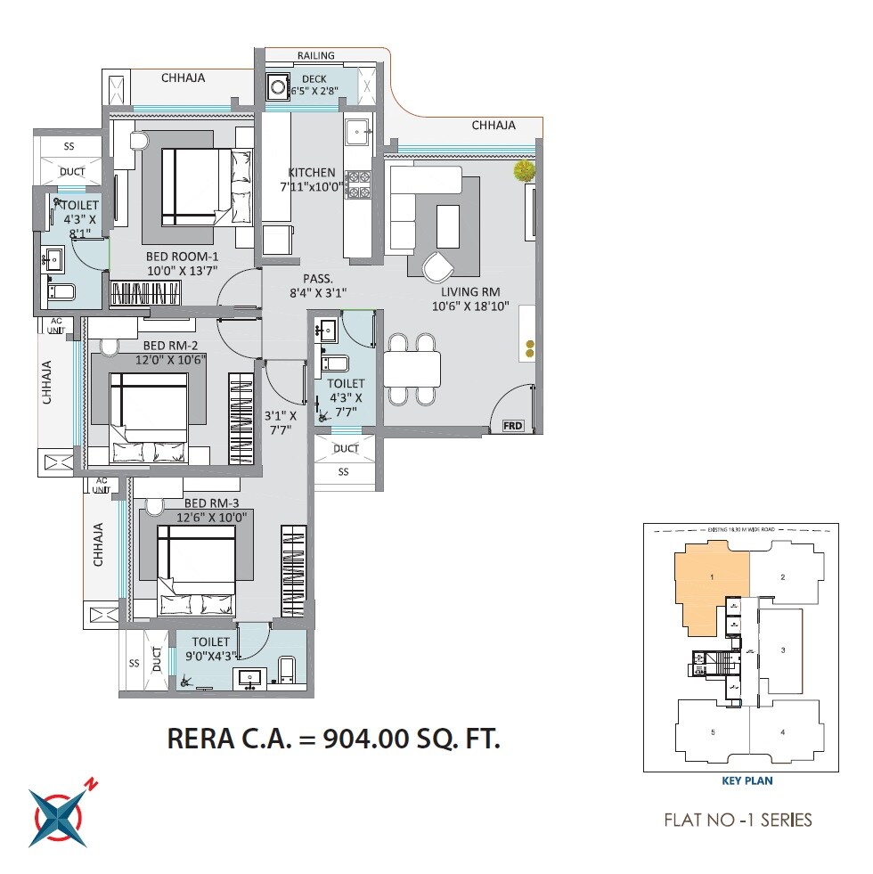 Floor plan of 3 BHK 904 Sq. Ft. Apartment in Alliance Kanchan Krupa, Mumbai