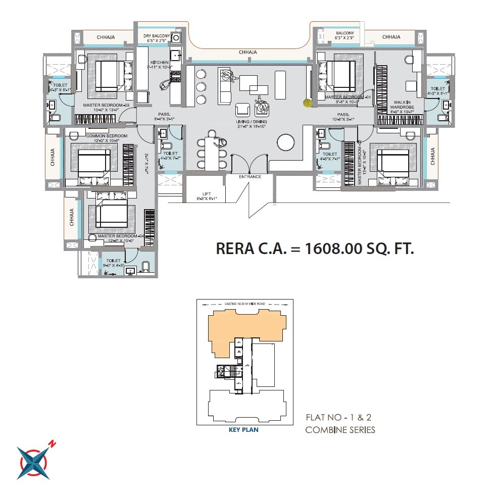 Floor plan of 5 BHK 1608 Sq. Ft. Apartment in Alliance Kanchan Krupa, Mumbai
