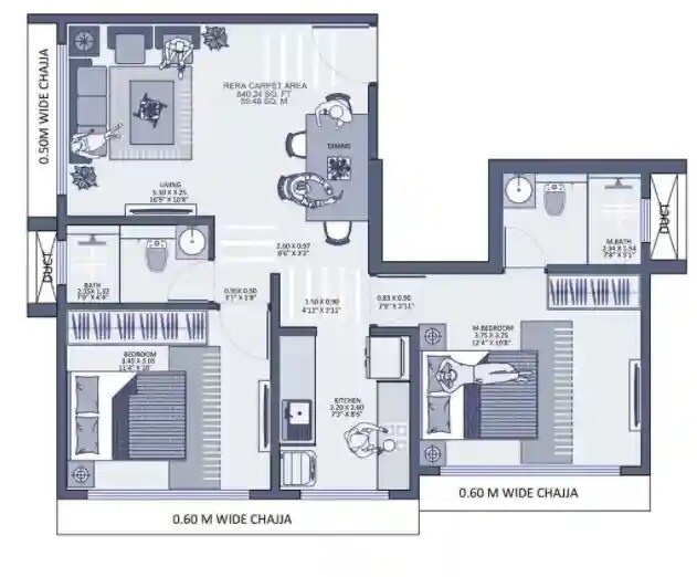Floor plan of 2 BHK 686 Sq. Ft. Apartment in Alliance Ruia Sadan, Mumbai