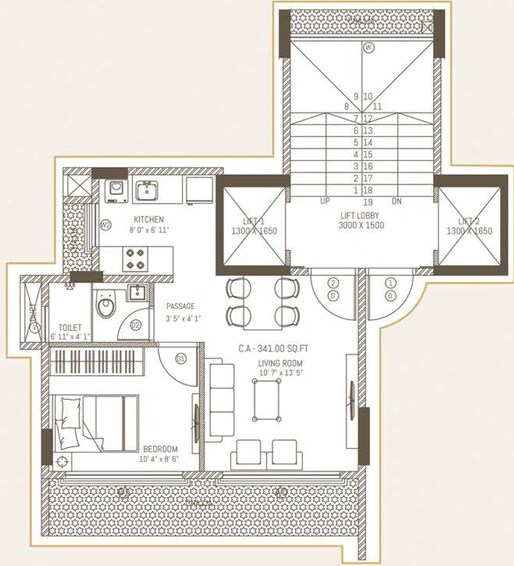 Floor plan of 1 BHK 341 Sq. Ft. Apartment in Alliance Saawai, Mumbai