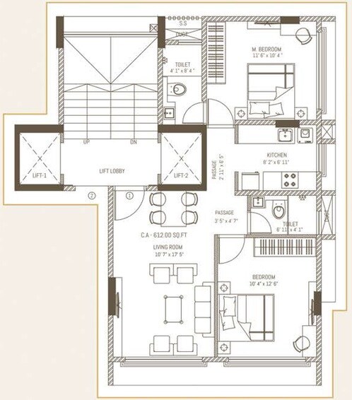 Floor plan of 2 BHK 613 Sq. Ft. Apartment in Alliance Saawai, Mumbai