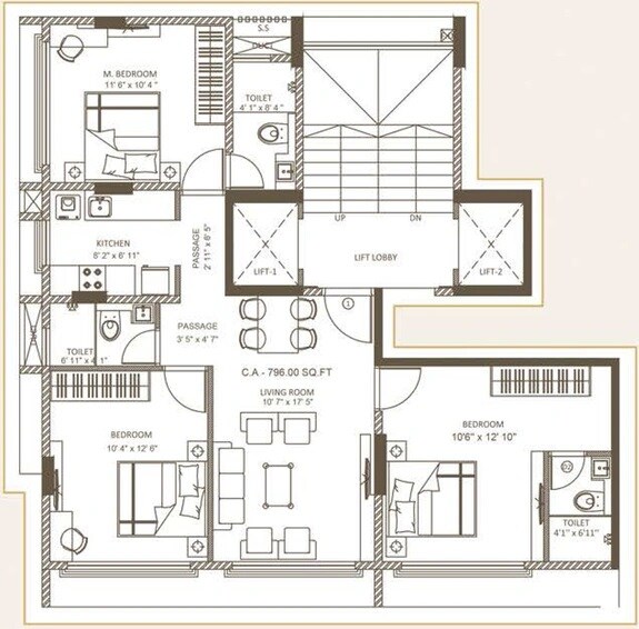 Floor plan of 3 BHK 795 Sq. Ft. Apartment in Alliance Saawai, Mumbai