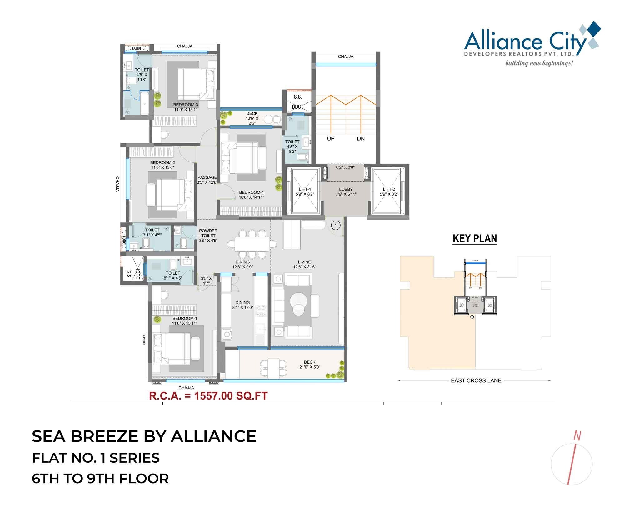 Floor plan of 4 BHK 1557 Sq. Ft. Apartment in Alliance Sea Breeze, Mumbai