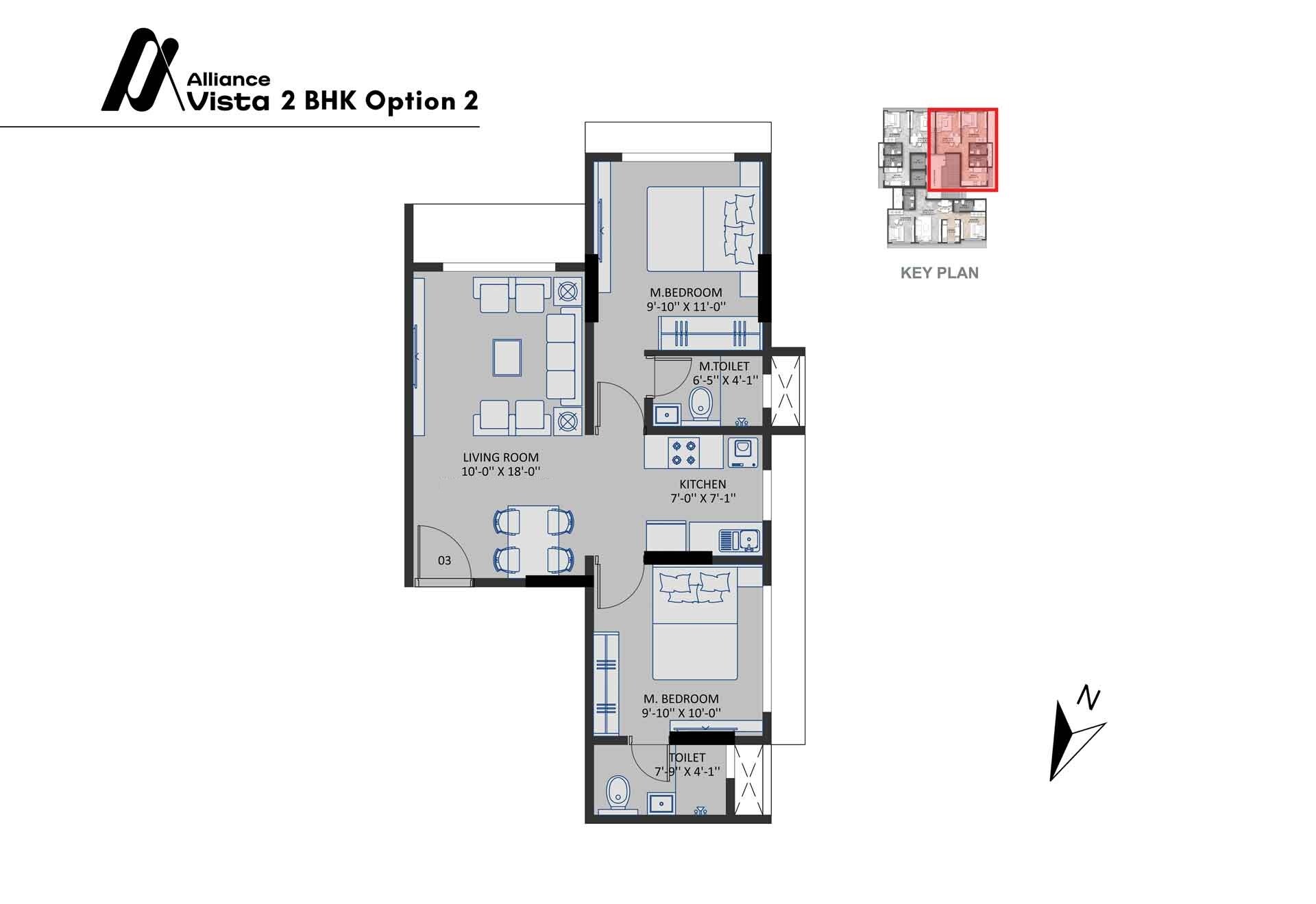 Floor plan of 2 BHK 554 Sq. Ft. Apartment in Alliance Vista, Mumbai