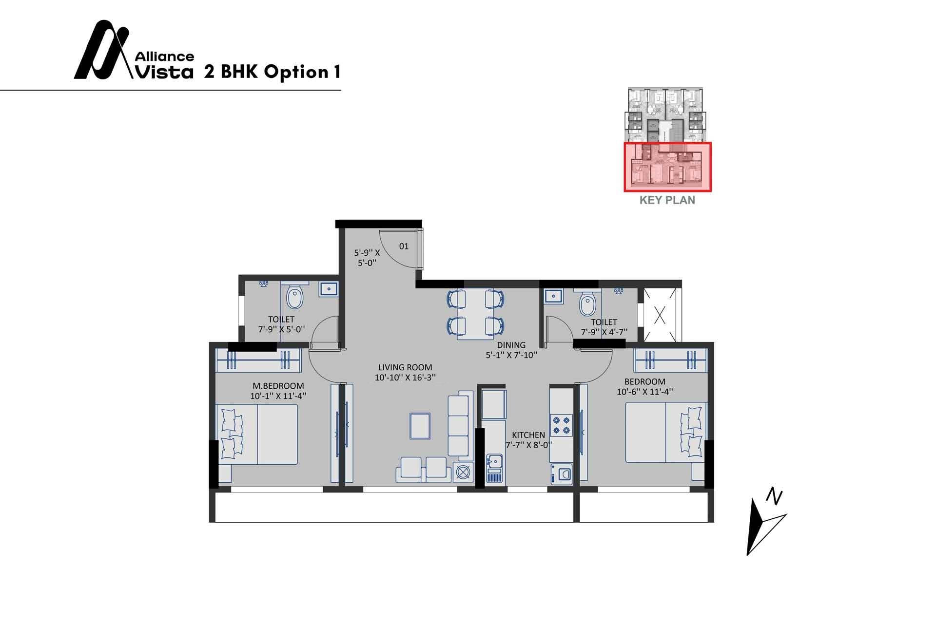Floor plan of 2 BHK 670 Sq. Ft. Apartment in Alliance Vista, Mumbai