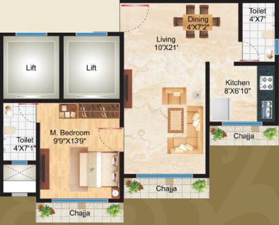 Floor plan of 1 BHK 517 Sq. Ft. Apartment in Alpha Residency Borivali, Mumbai