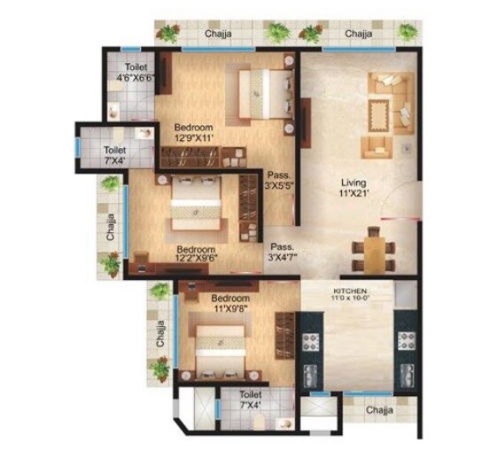 Floor plan of 3 BHK 857 Sq. Ft. Apartment in Alpha Residency Borivali, Mumbai