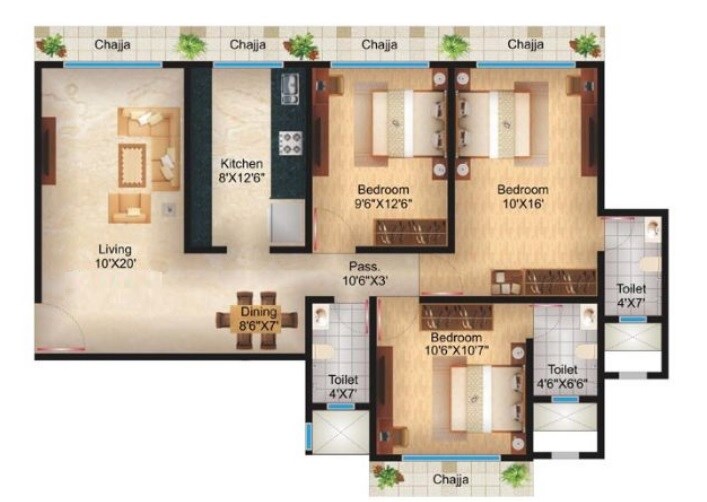 Floor plan of 3 BHK 926 Sq. Ft. Apartment in Alpha Residency Borivali, Mumbai