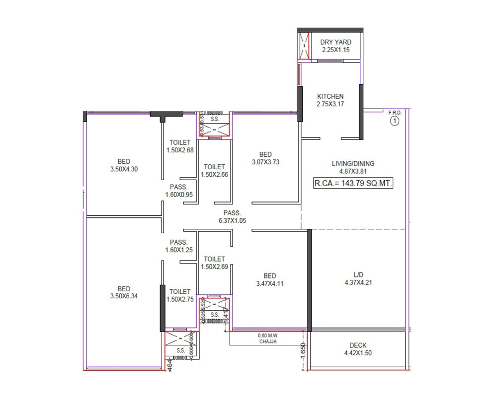 Floor plan of 4 BHK 1543 Sq. Ft. Apartment in Alphaite Viraasat, Mumbai