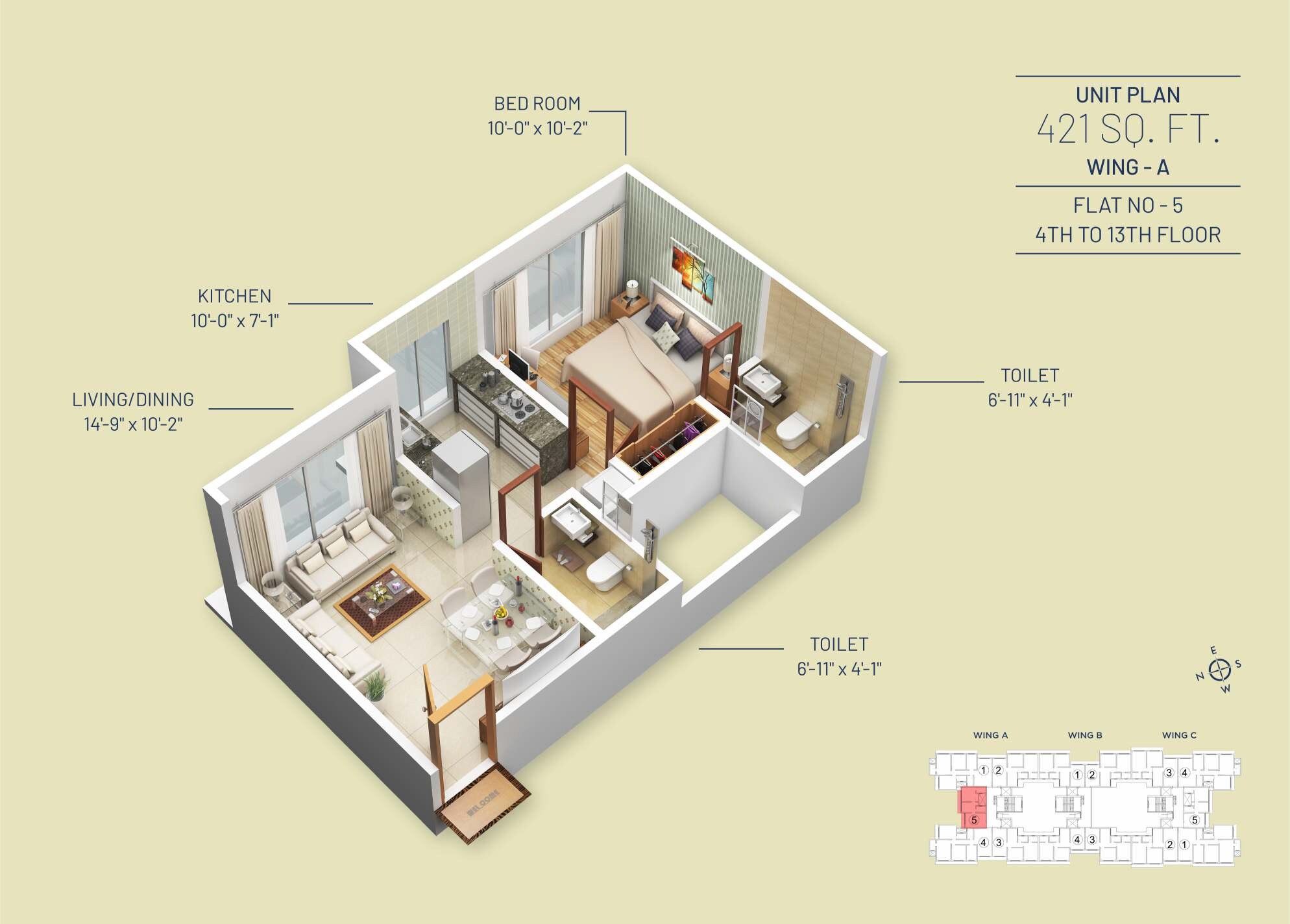 Floor plan of 1 BHK 421 Sq. Ft. Apartment in Alpine Primo, Mumbai
