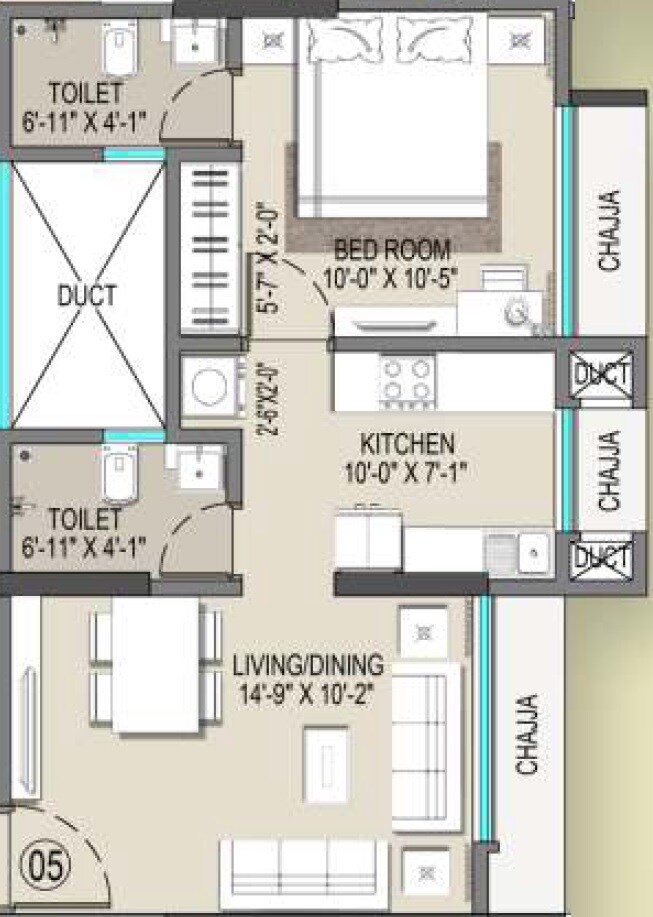 Floor plan of 1 BHK 422 Sq. Ft. Apartment in Alpine Primo, Mumbai
