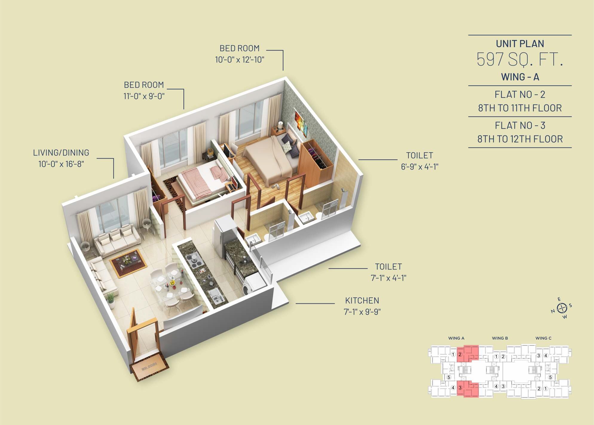 Floor plan of 2 BHK 597 Sq. Ft. Apartment in Alpine Primo, Mumbai