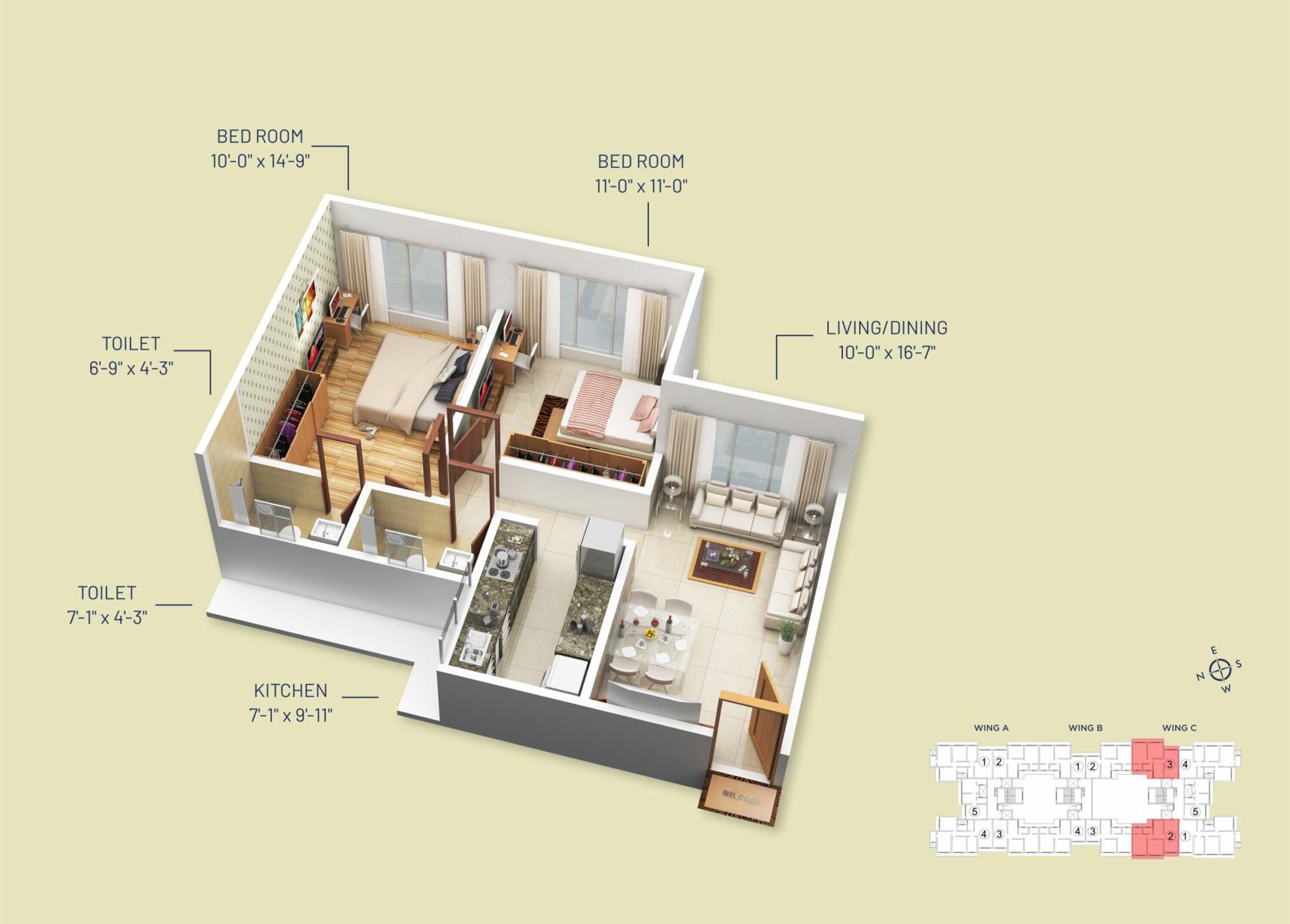 Floor plan of 2 BHK 780 Sq. Ft. Apartment in Alpine Primo, Mumbai