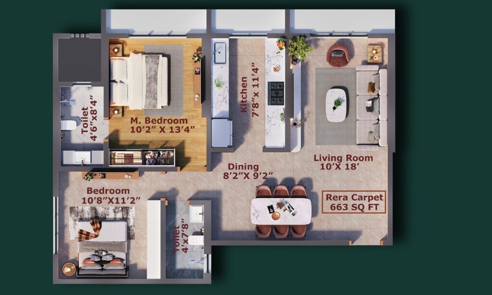Floor plan of 2 BHK 663 Sq. Ft. Apartment in Alpine Vistara, Mumbai