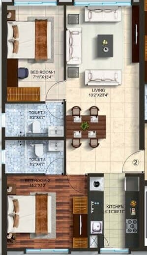 Floor plan of 2 BHK 657 Sq. Ft. Apartment in Alta Vista Phase II, Mumbai