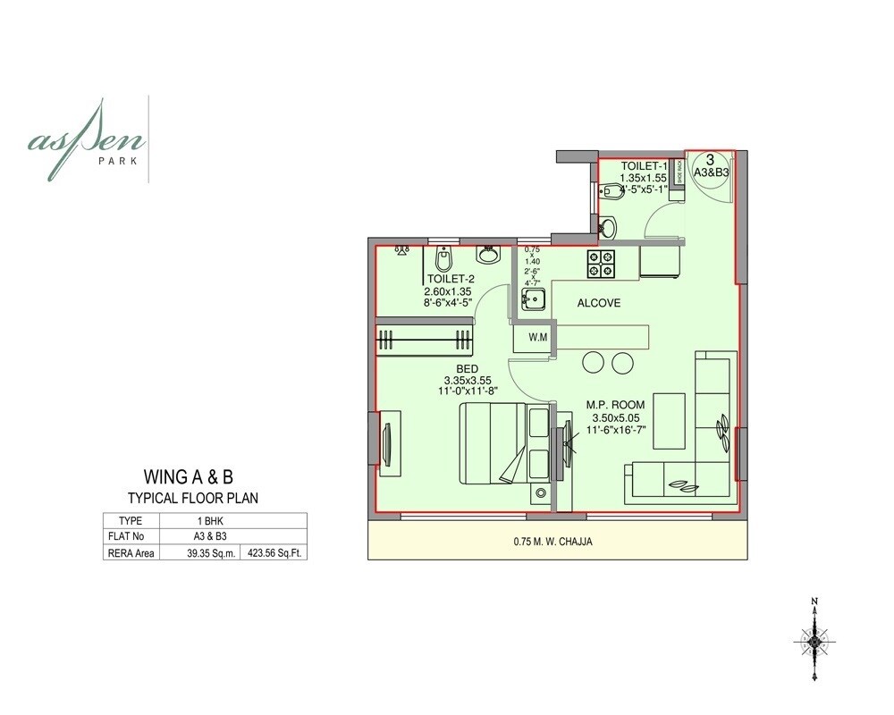 Floor plan of 1 BHK 423 Sq. Ft. Apartment in Amal Aspen Park, Mumbai