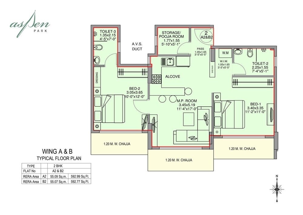 Floor plan of 2 BHK 593 Sq. Ft. Apartment in Amal Aspen Park, Mumbai