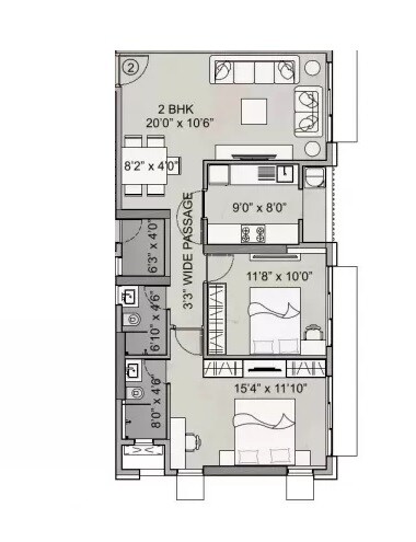 Floor plan of 2 BHK 719 Sq. Ft. Apartment in Amal Juhu Sheetal CHS, Mumbai