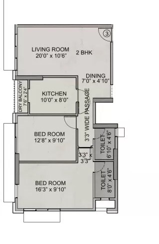 Floor plan of 2 BHK 745 Sq. Ft. Apartment in Amal Juhu Sheetal CHS, Mumbai