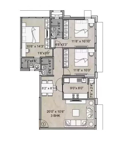 Floor plan of 3 BHK 930 Sq. Ft. Apartment in Amal Juhu Sheetal CHS, Mumbai