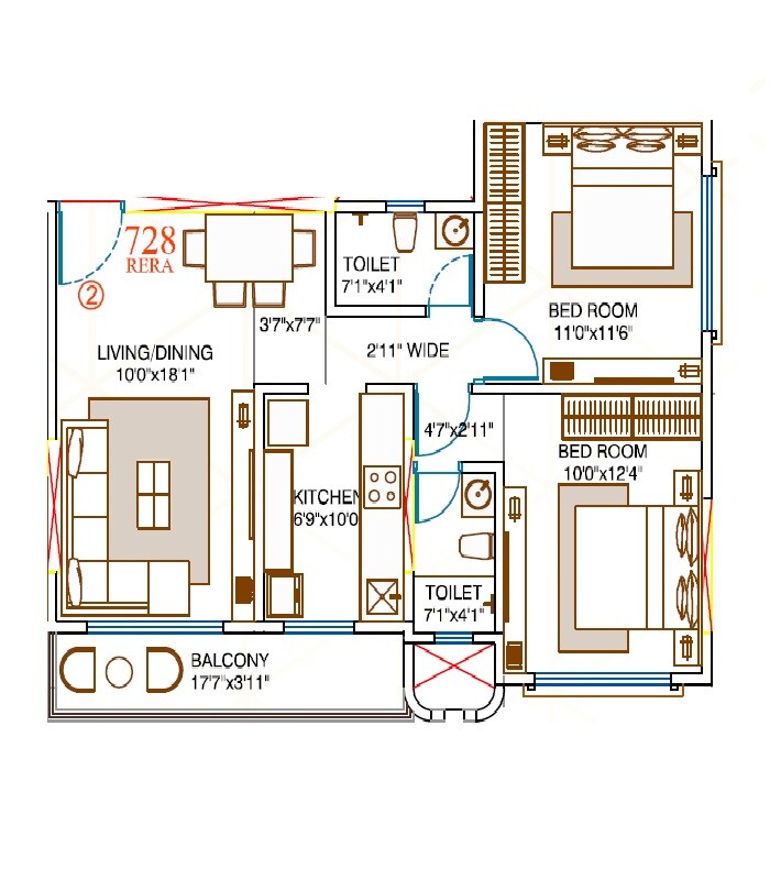 Floor plan of 2 BHK 729 Sq. Ft. Apartment in Amar Devendra CHS, Mumbai