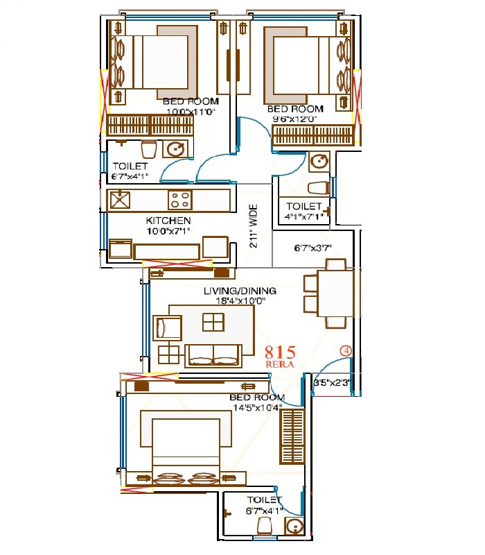 Floor plan of 3 BHK 815 Sq. Ft. Apartment in Amar Devendra CHS, Mumbai