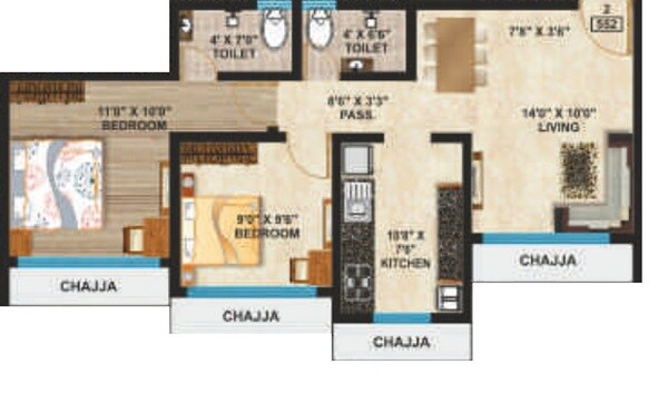 Floor plan of 2 BHK 552 Sq. Ft. Apartment in Amar New Tashkent Terrace CHS, Mumbai