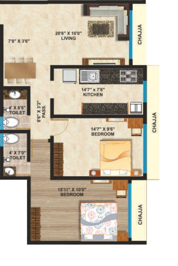Floor plan of 2 BHK 750 Sq. Ft. Apartment in Amar New Tashkent Terrace CHS, Mumbai