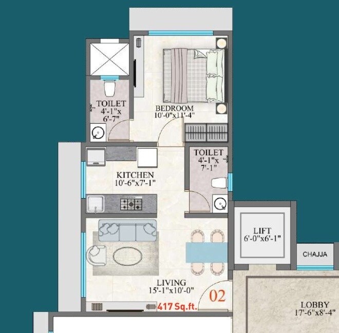 Floor plan of 1 BHK 416 Sq. Ft. Apartment in Amar Om Vasudev CHS, Mumbai