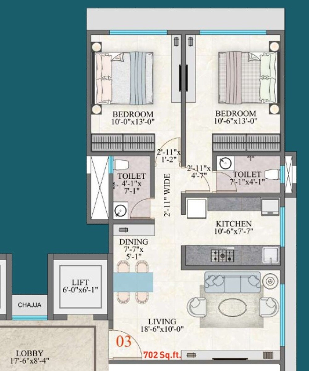 Floor plan of 2 BHK 702 Sq. Ft. Apartment in Amar Om Vasudev CHS, Mumbai