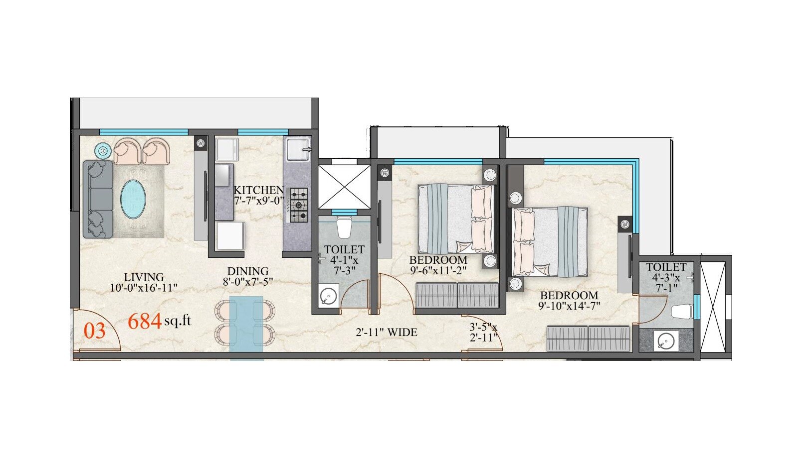 2 BHK 684 Sq. Ft. Apartment