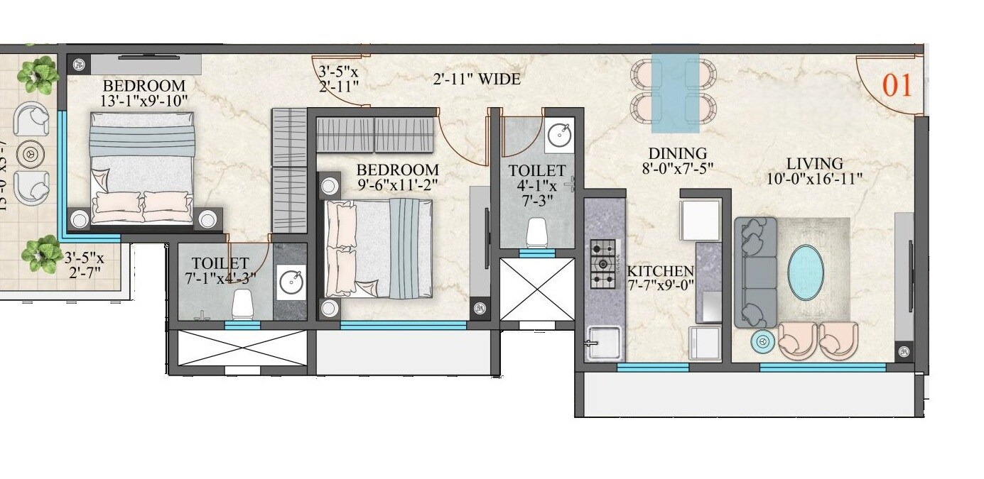 2 BHK 711 Sq. Ft. Apartment