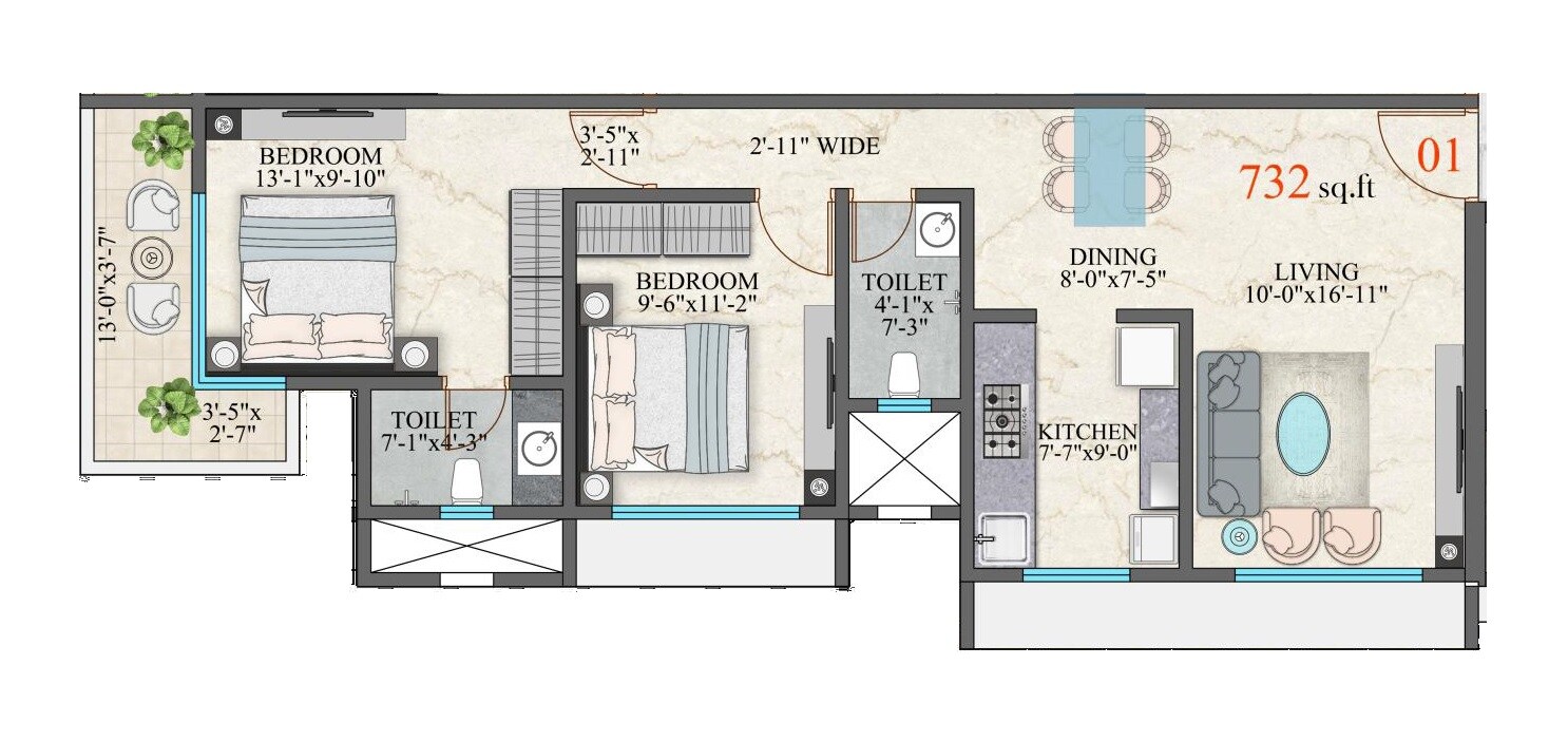 2 BHK 732 Sq. Ft. Apartment
