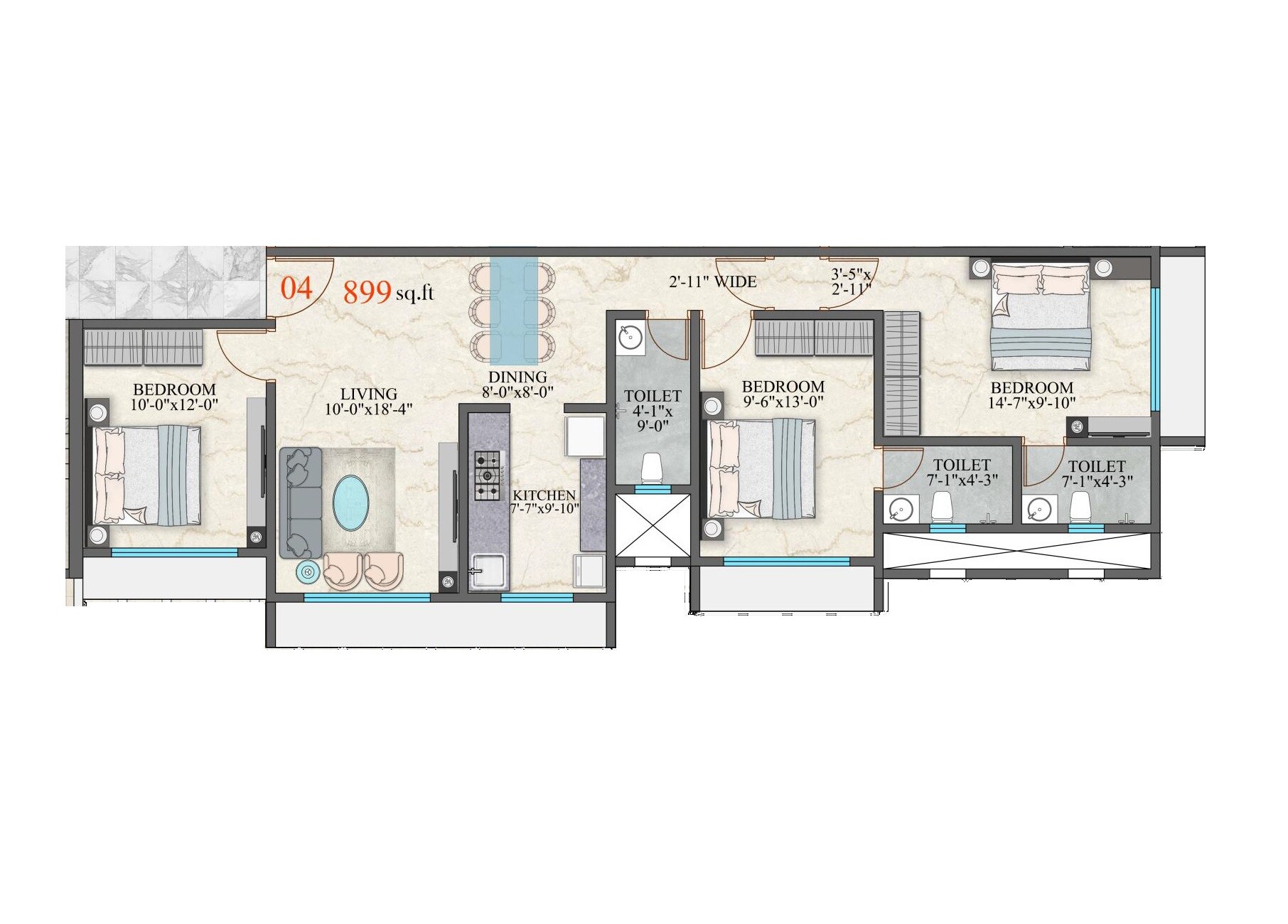 3 BHK 899 Sq. Ft. Apartment